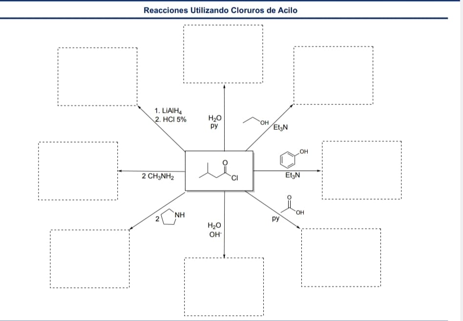 Reacciones Utilizando Cloruros de Acilo
1. LiAlH4
2. HCI 5%
H₂O
ру
OH
Et3N
OH
2 CH3NH2
CI
Et3N
2
NH
ру
H₂O
OH-
OH
HO