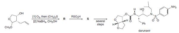 NH2
но
[110, then (CHa),s
RSO,H
(2] NABH, CH;OH
several
steps
н
Ph
CH3O
darunavir
