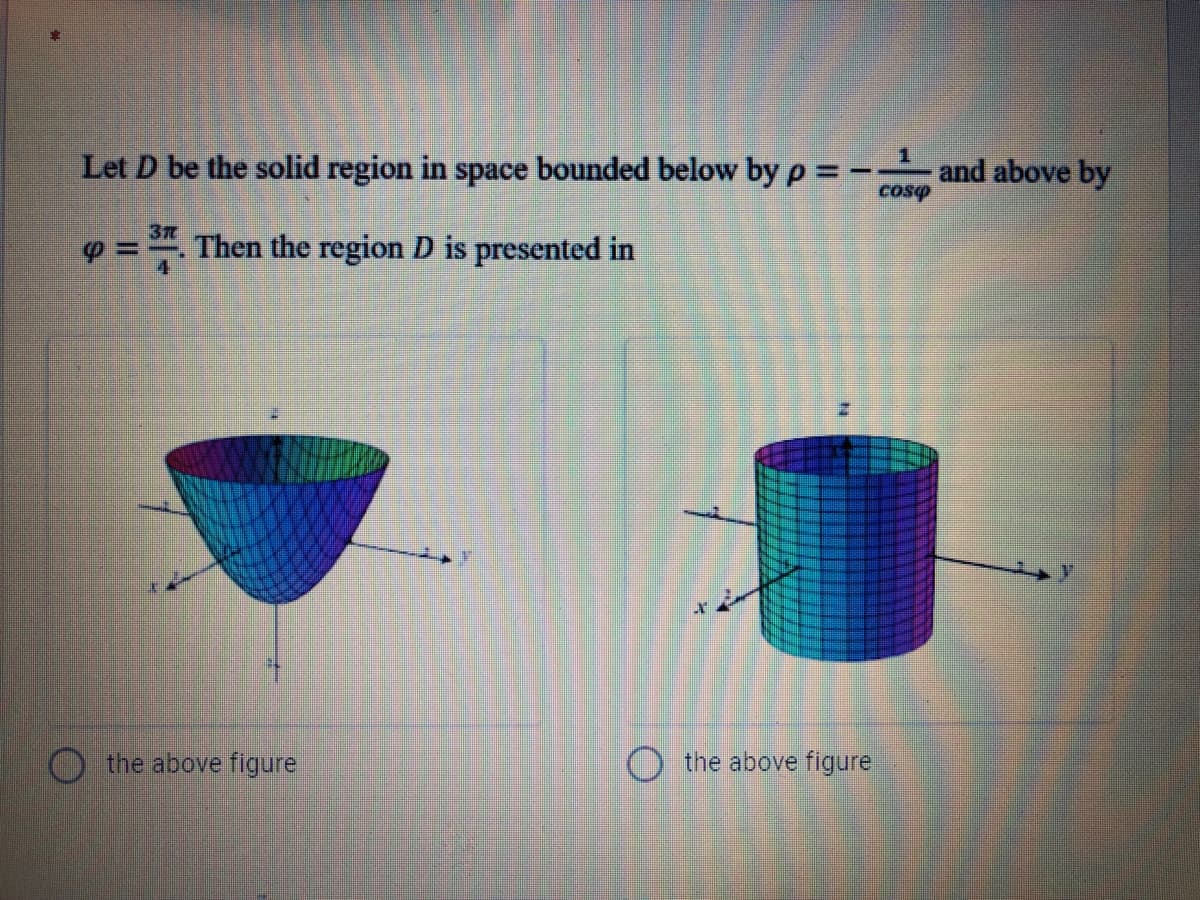 Let D be the solid region in space bounded below by p =-
and above by
Cosp
Then the region D is presented in
the above figure
the above figure
