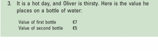 3. It is a hot day, and Oliver is thirsty. Here is the value he
places on a bottle of water:
Value of first bottle
€7
Value of second bottle
€5
