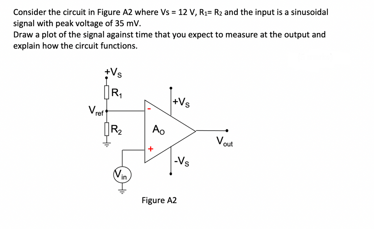 Consider the circuit in Figure A2 where Vs = 12 V, R₁= R₂ and the input is a sinusoidal
signal with peak voltage of 35 mV.
Draw a plot of the signal against time that you expect to measure at the output and
explain how the circuit functions.
+Vs
+Vs
ģ
V ref
R₁₂₁
R₂
Vin
H₁₁
Ao
+
Figure A2
Vs
Vout