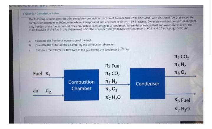 .edu bryuitra/courses roee_re
Question Completion Status:
The following process describes the complete combustion reaction of Toluene fuel C7HB (SG 0.866) with air. Liquid fuel (n1) enters the
combustion chamber at 200mL/min, where it evaporated into a stream of air (n2) 15% in excess. Complete combustion reaction in which
only fraction of the fuel is burned. The combustion products go to a condenser, where the unreacted fuel and water are liquified. The
mass flowrate of the fuel in this steam (ma) is 50. The uncondensed gas leaves the condenser at 60 C and 0.5 atm gauge pressure.
Calculate the fractional conversion of the fuel
Calculate the SCMH of the air entering the combustion chamber
Calculate the volumetric flow rate of the gas leaving the condenser (m³/min).
a.
b.
C.
ri4 CO2
n3 Fuel
ris N2
Fuel ri1
ni4 CO2
nig O2
Combustion
nig N2
Condenser
air riz
Chamber
ng O2
ni, H,0
n3 Fuel
niz H,0
