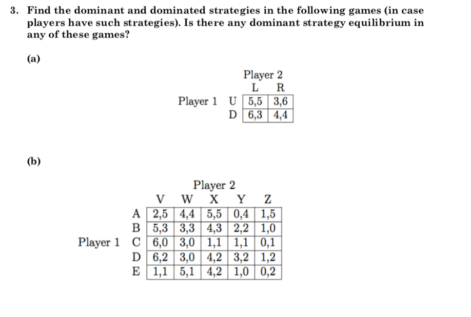 3. Find the dominant and dominated strategies in the following games (in case
players have such strategies). Is there any dominant strategy equilibrium in
any of these games?
(a)
Player 2
R
L
Player 1 U 5,5 | 3,6
D 6,3| 4,4
(b)
Player 2
V W
X
Y Z
A 2,5| 4,4 | 5,5 | 0,4 | 1,5
B 5,3 | 3,3 | 4,3 | 2,2 | 1,0
| 1,1 || 1,1 | 0,1
D 6,2 3,0 | 4,2 | 3,2 | 1,2
Е 1,1 | 5,1
Player 1 C 6,0 3,0
4,2 1,0 | 0,2
