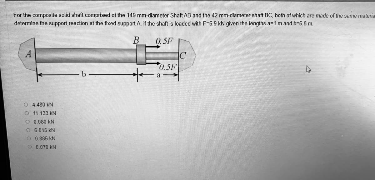 For the composite solid shaft comprised of the 149 mm-diameter Shaft AB and the 42 mm-diameter shaft BC, both of which are made of the same materia
determine the support reaction at the fixed support A, if the shaft is loaded with F=6.9 kN given the lengths a=1 m and b=6.8 m.
B
0.5F
A
0.5F
O 4.480 kN
O 11.133 kN
O 0.080 kN
O 6.015 kN
O 0.885 kN
O 0.070 kN
