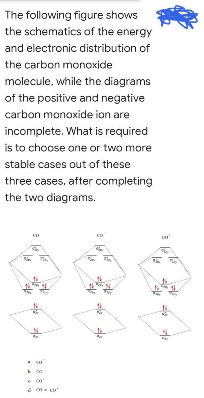 The following figure shows
the schematics of the energy
and electronic distribution of
the carbon monoxide
molecule, while the diagrams
of the positive and negative
carbon monoxide ion are
incomplete. What is required
is to choose one or two more
stable cases out of these
three cases, after completing
the two diagrams.
CO
CO
0201
ozp
₂px
₂py
N 02P² N
12px
N
028
N
025
2py
CO
b CO
C
Co
d CO = CO
2py
02pz N
12px
N
12px
025
025
zpy
2px
5/2
CO
First
Azpy
N
02P: N
2py
N
025