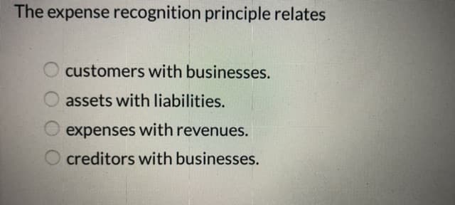 The expense recognition principle relates
customers with businesses.
assets with liabilities.
expenses with revenues.
creditors with businesses.
