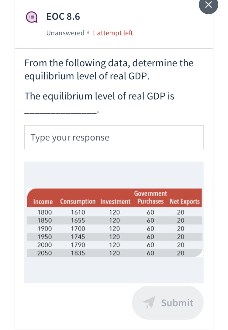ЕОC 8.6
Unanswered •1 attempt left
From the following data, determine the
equilibrium level of real GDP.
The equilibrium level of real GDP is
Type your response
Government
Income Consumption Investment Purchases Net Exports
1800
1610
120
60
20
1850
1655
120
60
20
1900
1700
120
60
20
1950
1745
120
60
20
2000
1790
120
60
20
2050
1835
120
60
20
Submit
