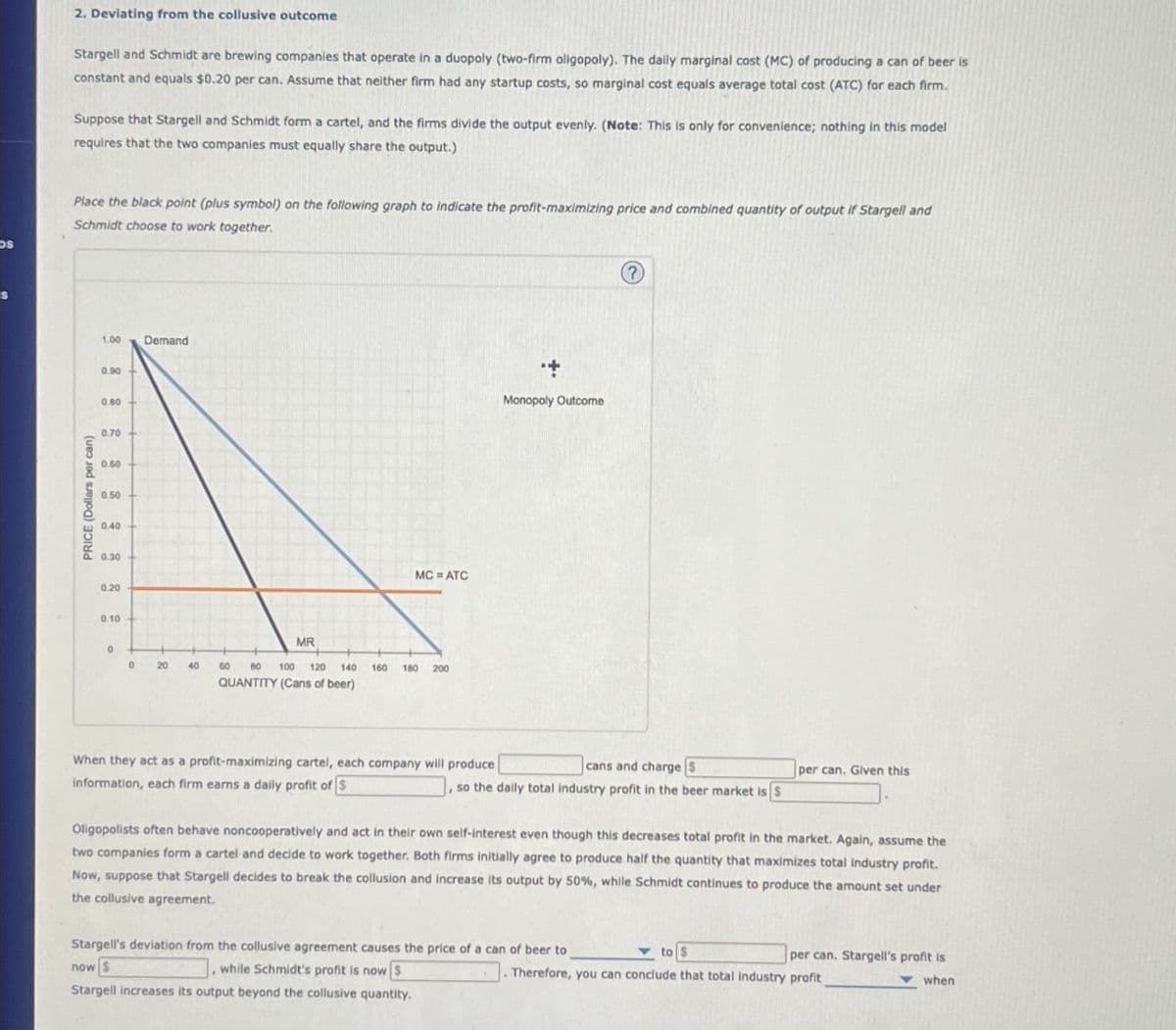 OS
2. Deviating from the collusive outcome
Stargell and Schmidt are brewing companies that operate in a duopoly (two-firm oligopoly). The daily marginal cost (MC) of producing a can of beer is
constant and equals $0.20 per can. Assume that neither firm had any startup costs, so marginal cost equals average total cost (ATC) for each firm.
Suppose that Stargell and Schmidt form a cartel, and the firms divide the output evenly. (Note: This is only for convenience; nothing in this model
requires that the two companies must equally share the output.)
Place the black point (plus symbol) on the following graph to indicate the profit-maximizing price and combined quantity of output if Stargell and
Schmidt choose to work together.
PRICE (Dollars per can)
1.00
Demand
0.90
0.80
0.70
0.60
0.50
0.40
0.30
0.20
0.10
MC = ATC
MR
0
0
20
40
60 80 100 120 140
160
180 200
QUANTITY (Cans of beer)
+.
Monopoly Outcome
When they act as a profit-maximizing cartel, each company will produce
information, each firm earns a daily profit of $
cans and charge $
so the daily total industry profit in the beer market is $
per can. Given this
Oligopolists often behave noncooperatively and act in their own self-interest even though this decreases total profit in the market. Again, assume the
two companies form a cartel and decide to work together. Both firms initially agree to produce half the quantity that maximizes total industry profit.
Now, suppose that Stargell decides to break the collusion and increase its output by 50%, while Schmidt continues to produce the amount set under
the collusive agreement.
Stargell's deviation from the collusive agreement causes the price of a can of beer to
now S
while Schmidt's profit is now $
Stargell increases its output beyond the collusive quantity.
to $
. Therefore, you can conclude that total industry profit
per can. Stargell's profit is.
▾ when