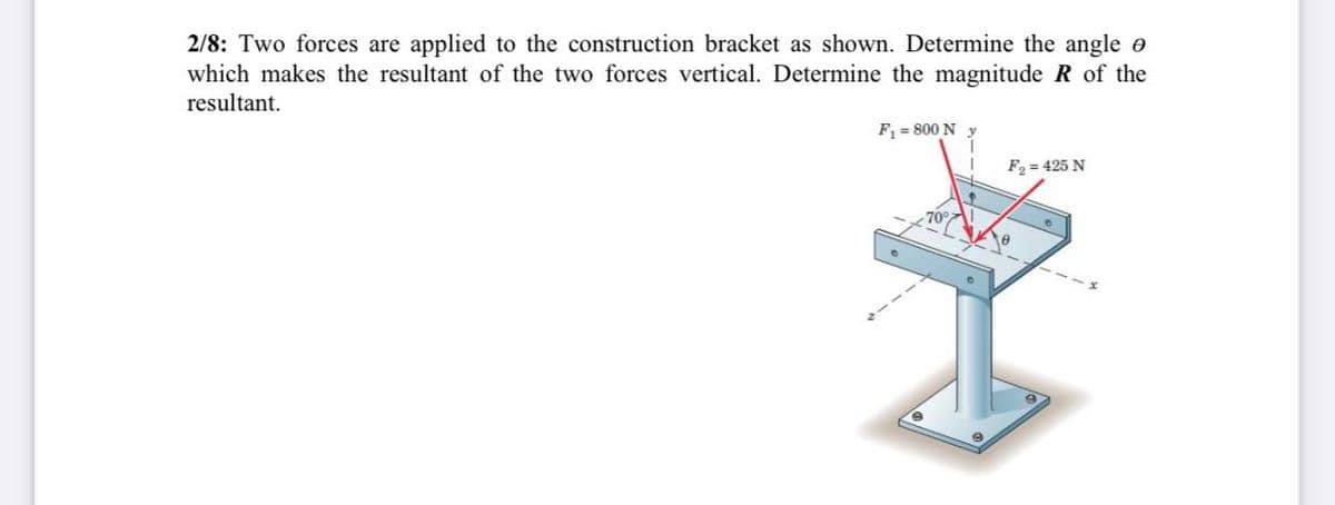 2/8: Two forces are applied to the construction bracket as shown. Determine the angle e
which makes the resultant of the two forces vertical. Determine the magnitude R of the
resultant.
F = 800 N
F2 = 425 N
70°
