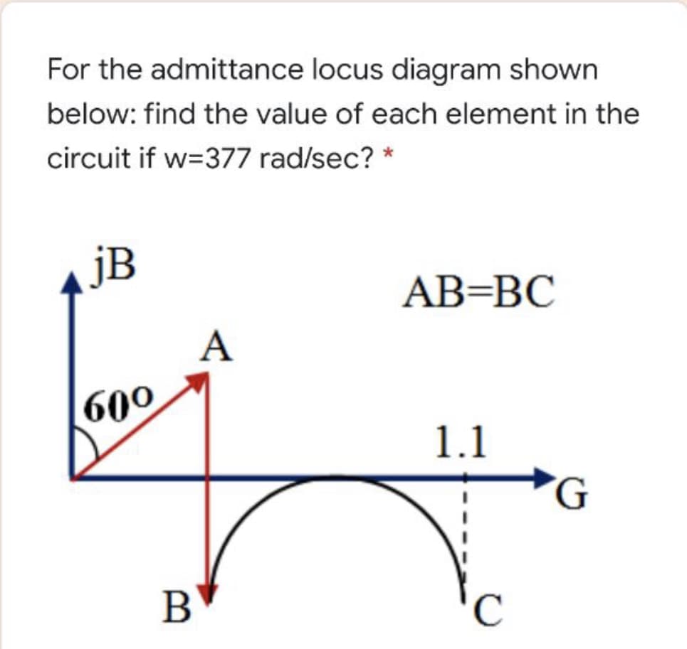 For the admittance locus diagram shown
below: find the value of each element in the
circuit if w=377 rad/sec? *
jB
AB=BC
A
600
1.1
B
C

