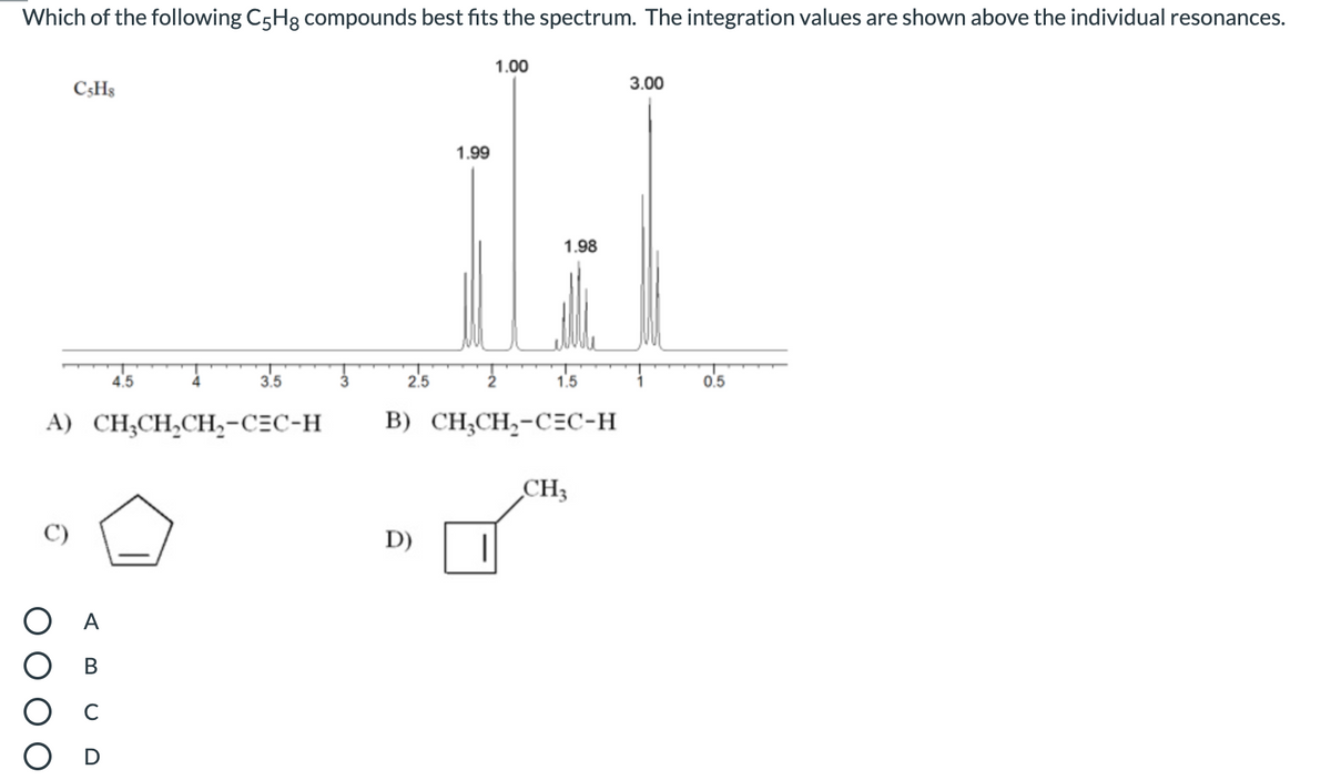 Which of the following C5H8 compounds best fits the spectrum. The integration values are shown above the individual resonances.
1.00
3.00
1.99
1.98
4.5
4
3.5
3
2.5
2
1.5
1
0.5
А) CH,CH,CH,-СЕС-Н
B) CH;CH,-CEC-H
CH3
C)
D)
A
В
C
D
