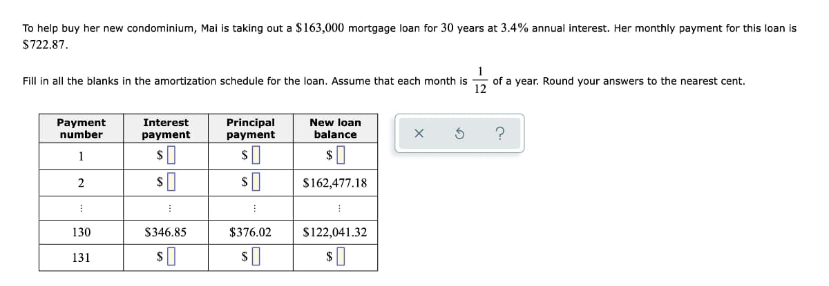 To help buy her new condominium, Mai is taking out a $163,000 mortgage loan for 30 years at 3.4% annual interest. Her monthly payment for this loan is
$722.87.
of a year. Round your answers to the nearest cent.
12
Fill in all the blanks in the amortization schedule for the loan. Assume that each month is
Payment
number
Principal
payment
Interest
New loan
balance
payment
1
2
$|
$162,477.18
130
$346.85
$376.02
$122,041.32
$ 0
131
