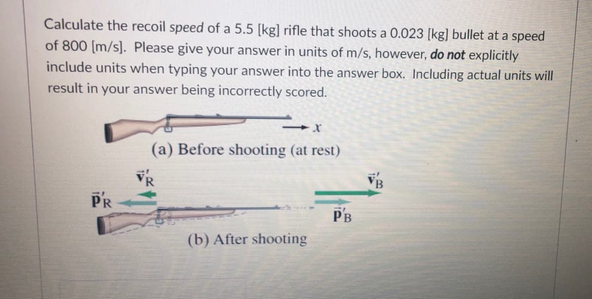 Calculate the recoil speed of a 5.5 [kg] rifle that shoots a 0.023 [kg] bullet at a speed
of 800 [m/s]. Please give your answer in units of m/s, however, do not explicitly
include units when typing your answer into the answer box. Including actual units will
result in your answer being incorrectly scored.
(a) Before shooting (at rest)
VB
PR
PB
(b) After shooting
