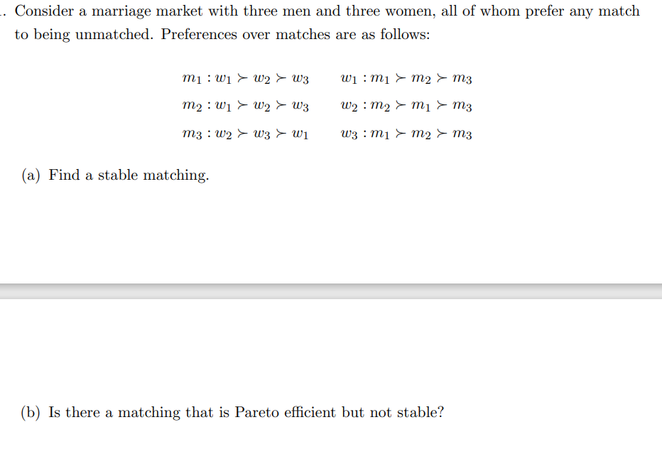 Consider a marriage market with three men and three women, all of whom prefer any match
to being unmatched. Preferences over matches are as follows:
m₁w₁ W2 > W3
m₂ W₁
wW2 W3
m3 w2 W3 W1
(a) Find a stable matching.
w₁m₁ m₂ m3
W2 m₂ > m₁ > M3
W3 m1 m2 > m3
(b) Is there a matching that is Pareto efficient but not stable?