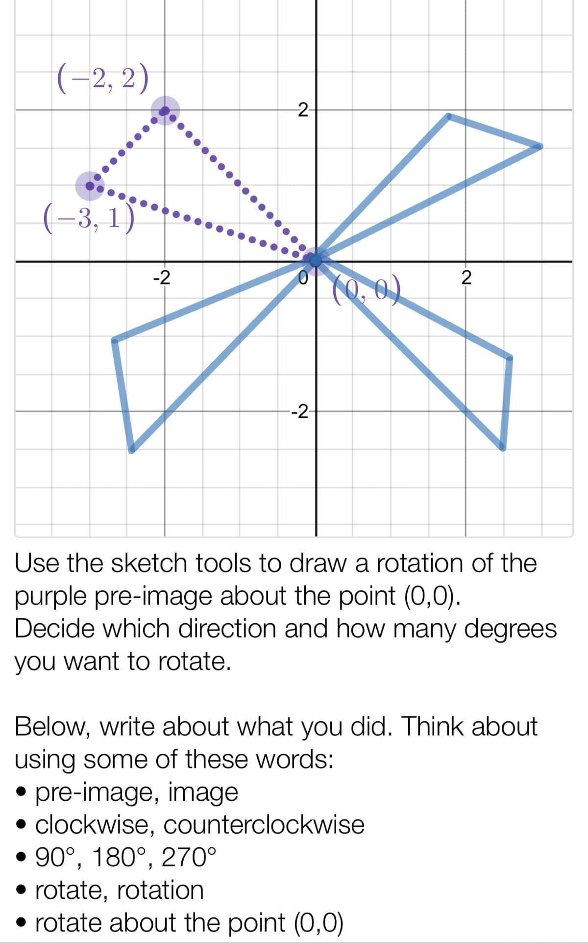 (-2, 2)
2-
(–3, 1)
-2
2
--2-
Use the sketch tools to draw a rotation of the
purple pre-image about the point (0,0).
Decide which direction and how many degrees
you want to rotate.
Below, write about what you did. Think about
using some of these words:
• pre-image, image
• clockwise, counterclockwise
90°, 180°, 270°
• rotate, rotation
• rotate about the point (0,0)
