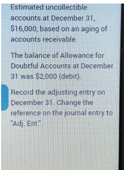 Estimated uncollectible
accounts at December 31,
$16,000, based on an aging of
accounts receivable.
The balance of Allowance for
Doubtful Accounts at December
31 was $2,000 (debit).
Record the adjusting entry on
December 31. Change the
reference on the journal entry to
"Adj. Ent.".