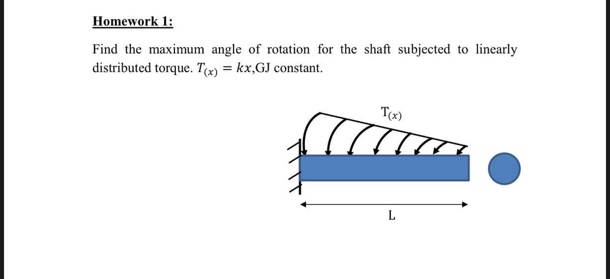 Homework 1:
Find the maximum angle of rotation for the shaft subjected to linearly
distributed torque. T(x) = kx,GJ constant.
T(x)
L
