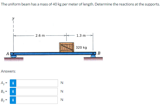 The uniform beam has a mass of 40 kg per meter of length. Determine the reactions at the supports.
2.6 m
1.3 m
320 kg
A
Answers:
A₂ = i
Bx=
i
By=
i
N
Z Z Z
N
N
B