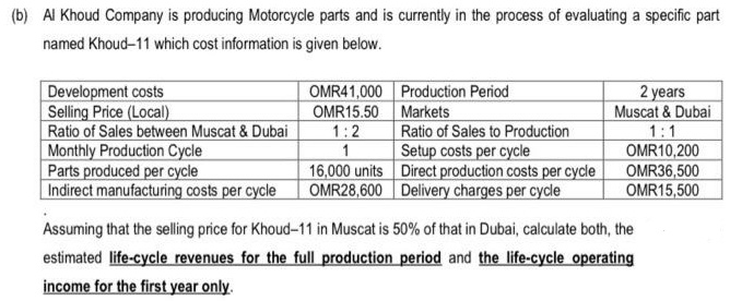 (b) Al Khoud Company is producing Motorcycle parts and is currently in the process of evaluating a specific part
named Khoud-11 which cost information is given below.
Development costs
Selling Price (Local)
Ratio of Sales between Muscat & Dubai
Monthly Production Cycle
Parts produced per cycle
Indirect manufacturing costs per cycle
OMR41,000 Production Period
OMR15.50 Markets
1:2
1
16,000 units Direct production costs per cycle
OMR28,600 Delivery charges per cycle
2 years
Muscat & Dubai
1:1
OMR10,200
OMR36,500
OMR15,500
Ratio of Sales to Production
Setup costs per cycle
Assuming that the selling price for Khoud-11 in Muscat is 50% of that in Dubai, calculate both, the
estimated life-cycle revenues for the full production period and the life-cycle operating
income for the first year only.
