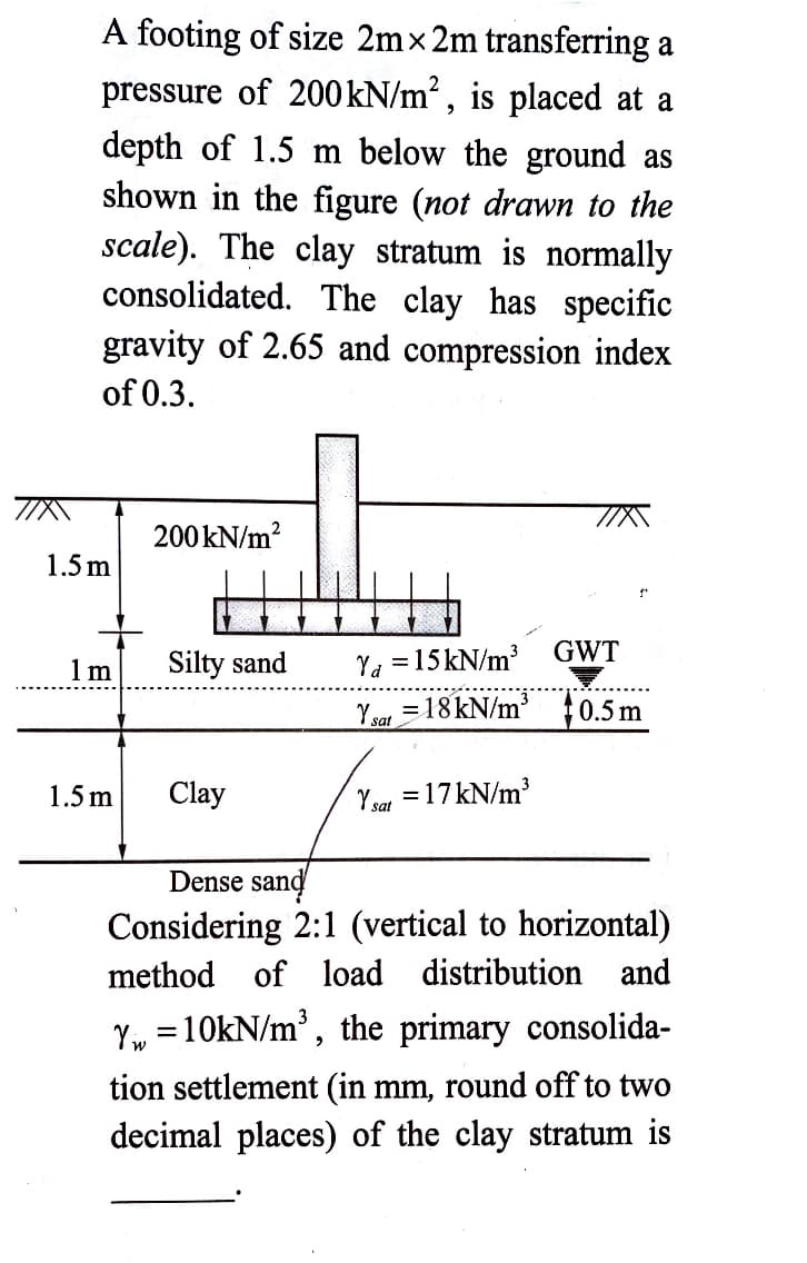 A footing of size 2m×2m transferring a
pressure of 200 kN/m², is placed at a
depth of 1.5 m below the ground as
shown in the figure (not drawn to the
scale). The clay stratum is normally
consolidated. The clay has specific
gravity of 2.65 and compression index
of 0.3.
1.5m
1m
1.5 m
200 kN/m²
Silty sand
Clay
Ya =15kN/m³
Y sat = 18kN/m³
Y sat = 17 kN/m³
GWT
$0.5 m
Dense sand
Considering 2:1 (vertical to horizontal)
method of load distribution and
Y₁ = 10kN/m³, the primary consolida-
tion settlement (in mm, round off to two
decimal places) of the clay stratum is
