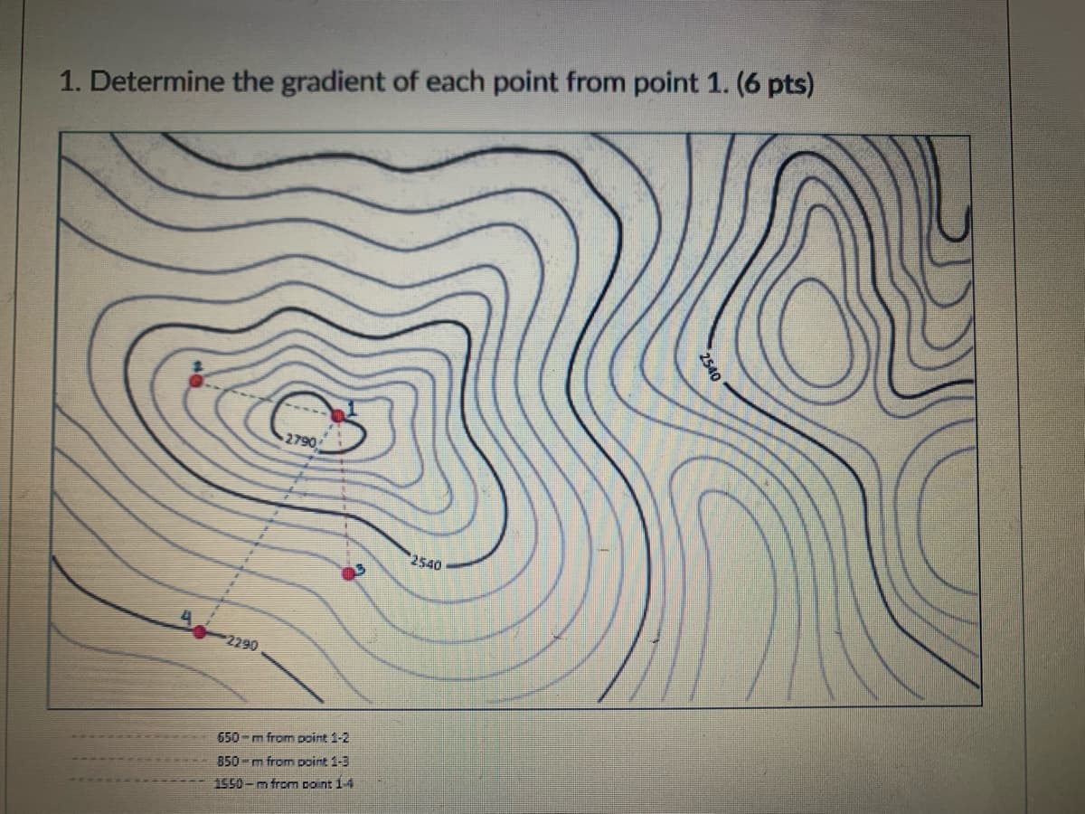 1. Determine the gradient of each point from point 1. (6 pts)
2790
2290
650 m from point 1-2
850 m from point 1-3
1550-m from coint 1-4
2540