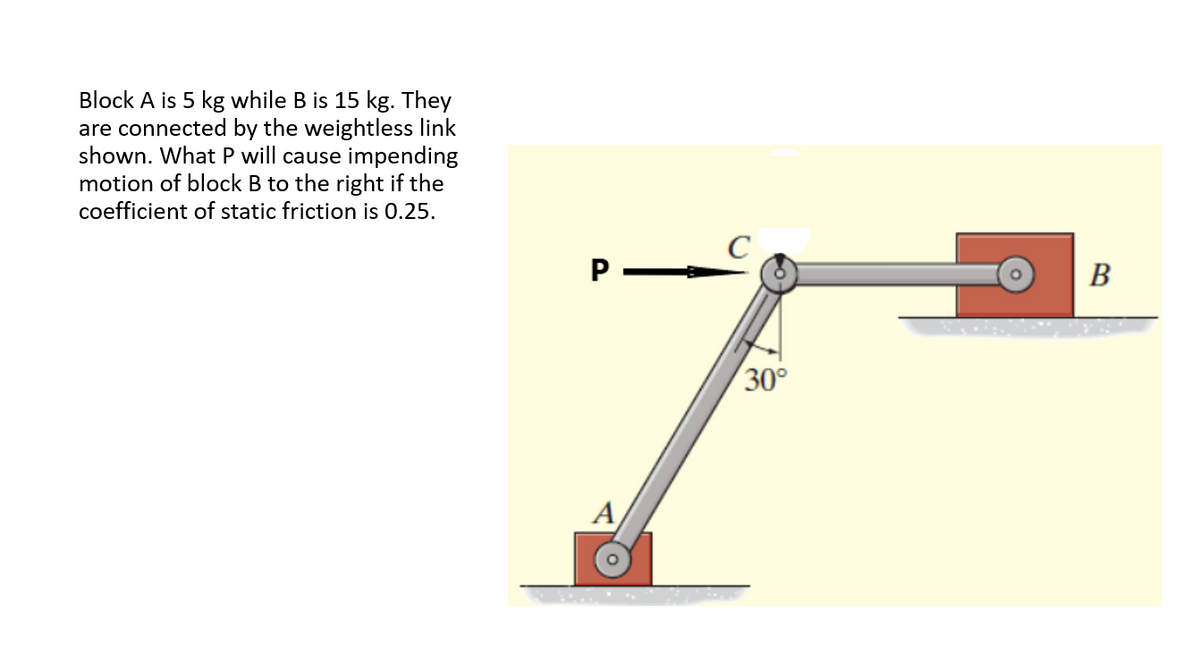 Block A is 5 kg while B is 15 kg. They
are connected by the weightless link
shown. What P will cause impending
motion of block B to the right if the
coefficient of static friction is 0.25.
C
В
30°
A
