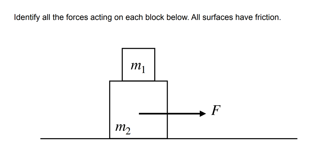 Identify all the forces acting on each block below. All surfaces have friction.
m₁
m₂
F