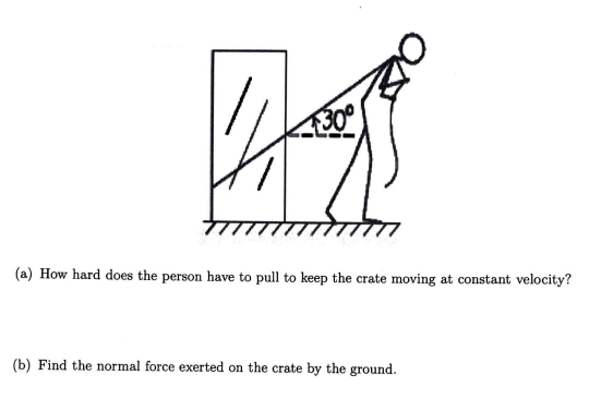 21
130°
(a) How hard does the person have to pull to keep the crate moving at constant velocity?
(b) Find the normal force exerted on the crate by the ground.