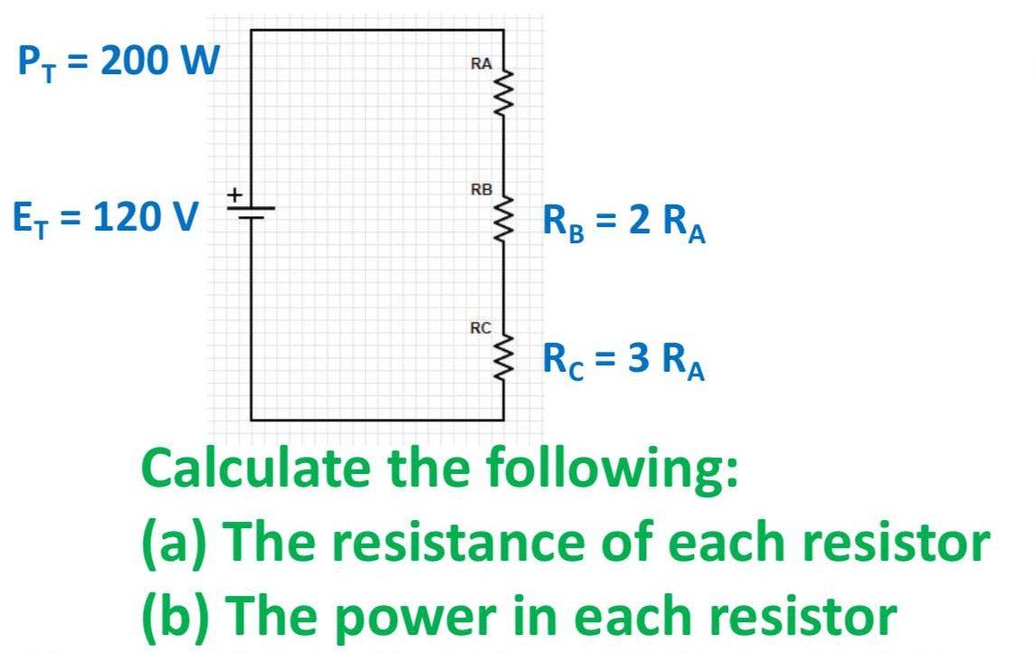 P, = 200 W
RA
RB
E, = 120 V
Rg = 2 RA
RC
Rc = 3 RA
%3|
Calculate the following:
(a) The resistance of each resistor
(b) The power in each resistor
