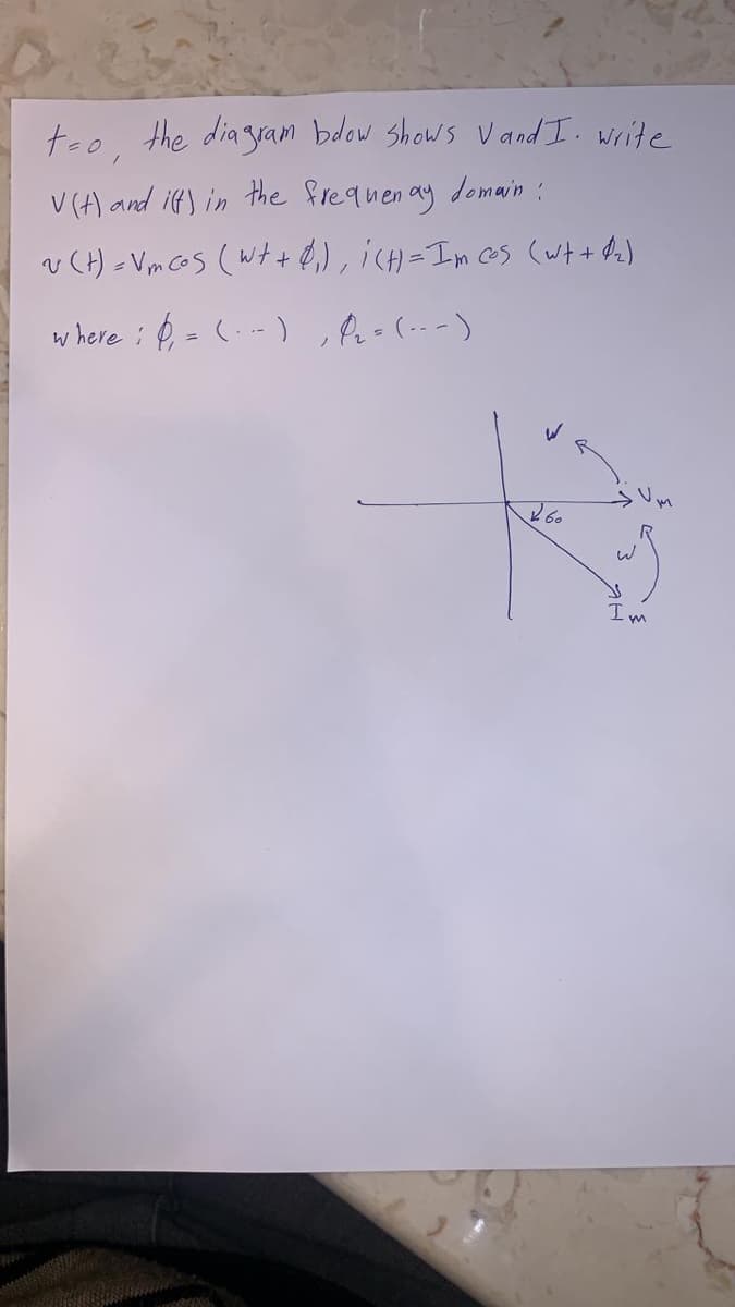 too, the diagram bdow Shows Vand I. write
V (A) and ift) in the frequen ay domain :
v (H) = Vm CoS (wt+0,), icH=Im Cs (Wt+de)
w here ; 0 = (- ),Aっ()
260
Im
