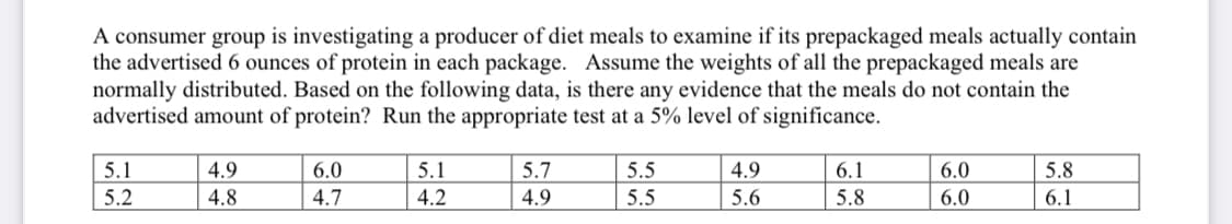 A consumer group is investigating a producer of diet meals to examine if its prepackaged meals actually contain
the advertised 6 ounces of protein in each package. Assume the weights of all the prepackaged meals are
normally distributed. Based on the following data, is there any evidence that the meals do not contain the
advertised amount of protein? Run the appropriate test at a 5% level of significance.
5.1
4.9
6.0
5.1
5.7
5.5
4.9
6.1
6.0
5.8
5.2
4.8
4.7
4.2
4.9
5.5
5.6
5.8
6.0
6.1
