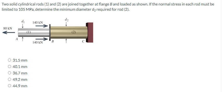 Two solid cylindrical rods (1) and (2) are joined together at flange B and loaded as shown. If the normal stress in each rod must be
limited to 105 MPa, determine the minimum diameter d₂ required for rod (2).
d₂
d₁
140 KN
80 KN
140 KN
A ↑
31.5 mm
40.1 mm
36.7 mm
49.2 mm
44.9 mm
'В