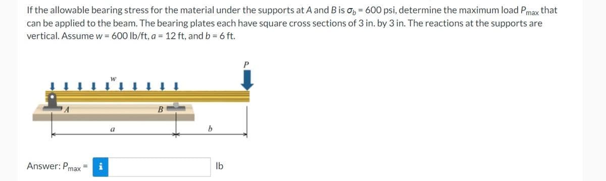 If the allowable bearing stress for the material under the supports at A and B is Oob = 600 psi, determine the maximum load Pmax that
can be applied to the beam. The bearing plates each have square cross sections of 3 in. by 3 in. The reactions at the supports are
vertical. Assume w = 600 lb/ft, a = 12 ft, and b = 6 ft.
P
a
Answer: Pmax=
i
b
lb