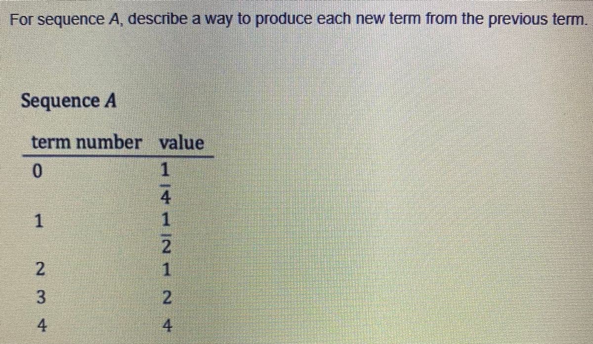 For sequence A, describe a way to produce each new term from the previous term.
Sequence A
term number value
1.
41/21 24
2.
34
