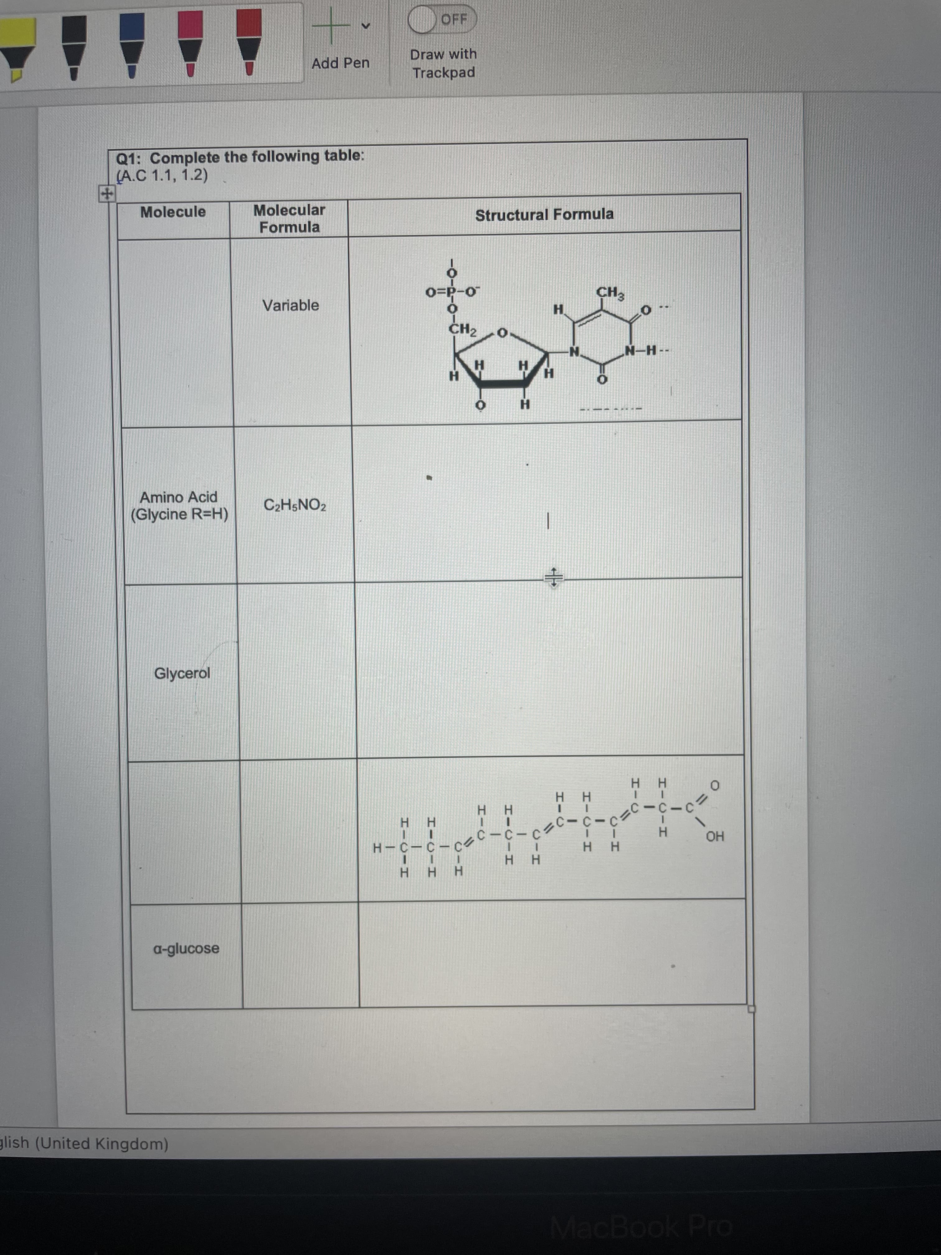 OFF
Draw with
Add Pen
Trackpad
Q1: Complete the following table:
(A.C 1.1, 1.2)
Molecular
Formula
Molecule
Structural Formula
o-d=0
CH2
CH3
Variable
H.
--H-N
H.
H.
H
1--
Amino Acid
C2H5NO2
(Glycine R=H)
Glycerol
H H
.
H H
HH
H H
но
.
H H
H H
H HH
a-glucose
glish (United Kingdom)
MacBook Pro
