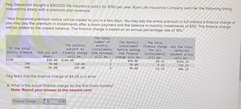 Peg Gasperoni bought a $50,000 life insurance policy for $190 per year. Ryan Life Insurance Company sent her the following billing
instructions along with a premium plan example:
"Your insurance premium notice will be mailed to you in a few days. You may pay the entire premium in full without a finance charge or
you may pay the premium in installments after a down payment and the balance in monthly installments of $50. The finance charge
will be added to the unpaid balance. The finance charge is based on an annual percentage rate of 18%."
If the total
policy premium
is:
$190
290
390
And you put
down:
Finance Charge
$50.00
70.00
95.00
The balance
subject to
finance charge
will be:
$140.00
220.00
295.00
$ 4.96
The total
number of
monthly
installments
($30 minimum)
will be:
Peg feels that the finance charge of $4.35 is in error.
a. What is the actual finance charge for the first three months?
Note: Round your answer to the nearest cent.
3
5
6
The monthly
installment
before adding
the finance
charge will be:
$50.00
50.00
50.00
The total
finance charge And the total
for all
deferred
installments
will be:
$4.35
9.25
16.19
payment price
will be:
$194.35
299.25
406.19