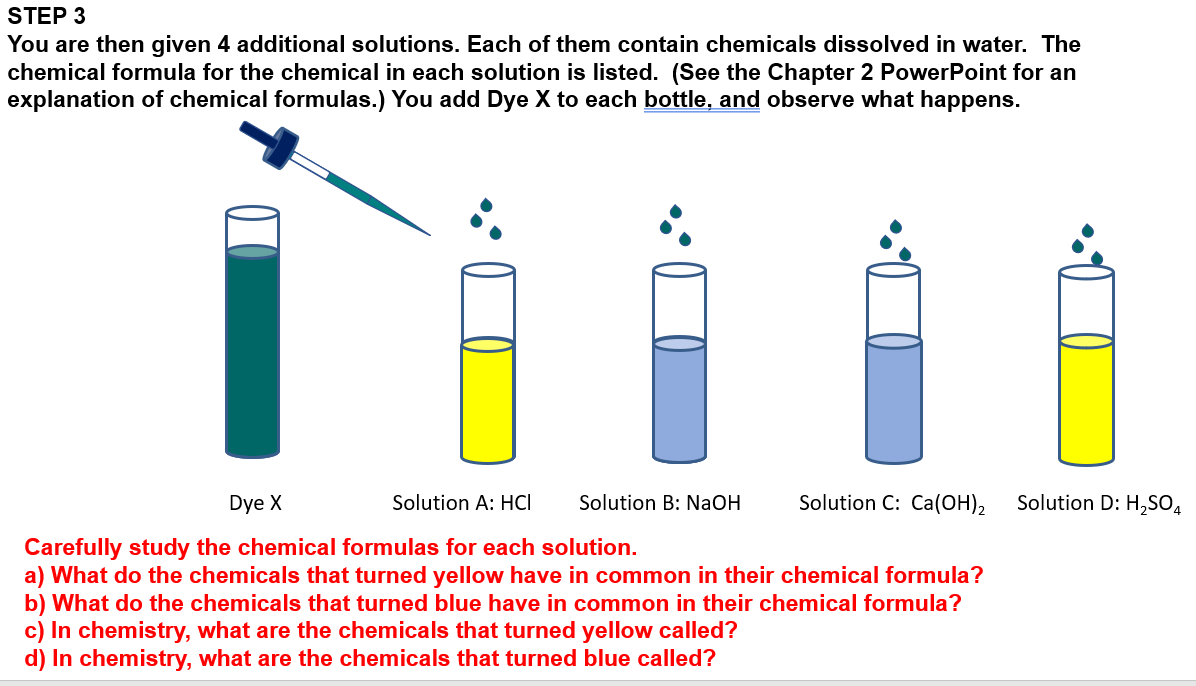 STEP 3
You are then given 4 additional solutions. Each of them contain chemicals dissolved in water. The
chemical formula for the chemical in each solution is listed. (See the Chapter 2 PowerPoint for an
explanation of chemical formulas.) You add Dye X to each bottle, and observe what happens.
Solution B: NaOH
Dye X
Solution A: HCI
Carefully study the chemical formulas for each solution.
a) What do the chemicals that turned yellow have in common in their chemical formula?
b) What do the chemicals that turned blue have in common in their chemical formula?
c) In chemistry, what are the chemicals that turned yellow called?
d) In chemistry, what are the chemicals that turned blue called?
Solution C: Ca(OH)2
Solution D: H₂SO4