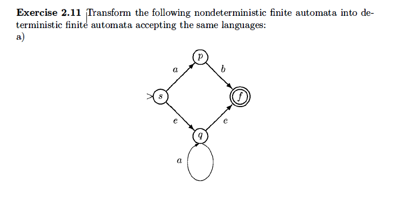 Exercise 2.11 Transform the following nondeterministic finite automata into de-
terministic finite automata accepting the same languages:
a)
f)
e
a
