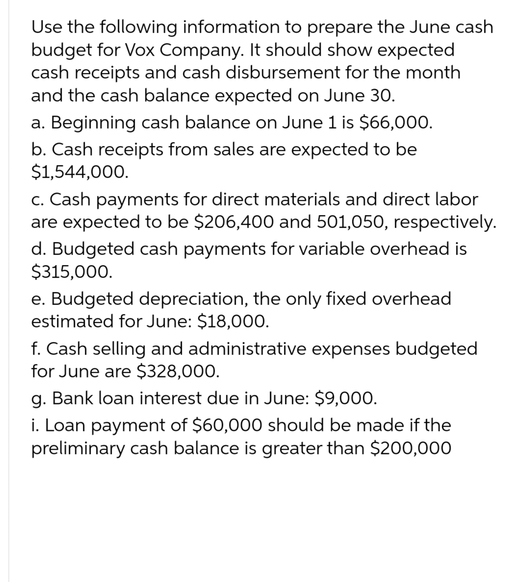 Use the following information to prepare the June cash
budget for Vox Company. It should show expected
cash receipts and cash disbursement for the month
and the cash balance expected on June 30.
a. Beginning cash balance on June 1 is $66,000.
b. Cash receipts from sales are expected to be
$1,544,000.
c. Cash payments for direct materials and direct labor
are expected to be $206,400 and 501,050, respectively.
d. Budgeted cash payments for variable overhead is
$315,000.
e. Budgeted depreciation, the only fixed overhead
estimated for June: $18,000.
f. Cash selling and administrative expenses budgeted
for June are $328,000.
g. Bank loan interest due in June: $9,000.
i. Loan payment of $60,000 should be made if the
preliminary cash balance is greater than $200,000