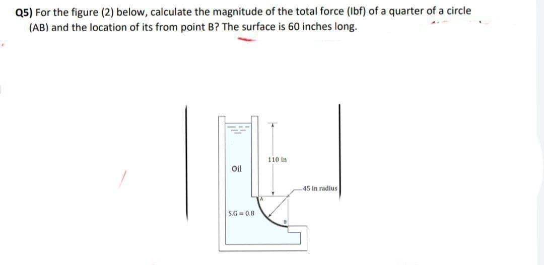 Q5) For the figure (2) below, calculate the magnitude of the total force (lbf) of a quarter of a circle
(AB) and the location of its from point B? The surface is 60 inches long.
Oil
S.G=0.8
A
110 in
45 in radius