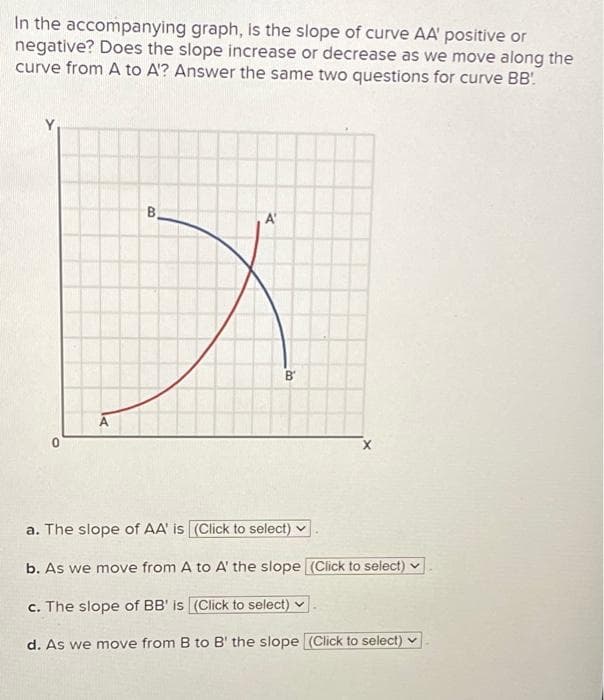 In the accompanying graph, is the slope of curve AA' positive or
negative? Does the slope increase or decrease as we move along the
curve from A to A'? Answer the same two questions for curve BB'
B
A'
B
a. The slope of AA' is (Click to select)
b. As we move from A to A' the slope [(Click to select)
c. The slope of BB' is (Click to select)
d. As we move from B to B' the slope (Click to select)
