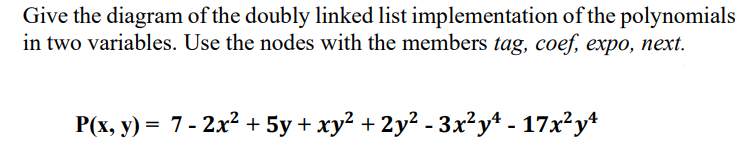 Give the diagram of the doubly linked list implementation of the polynomials
in two variables. Use the nodes with the members tag, coef, expo, next.
P(x, y) = 7 - 2x² + 5y + xy² + 2y² - 3x²y4 - 17x²y4