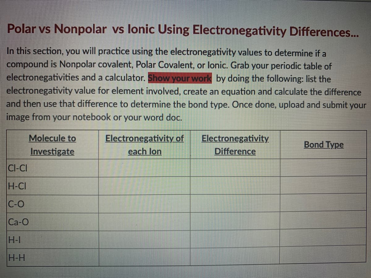 Polar vs Nonpolar vs lonic Using Electronegativity Differences...
In this section, you will practice using the electronegativity values to determine if a
compound is Nonpolar covalent, Polar Covalent, or lonic. Grab your periodic table of
electronegativities and a calculator. Show your work by doing the following: list the
electronegativity value for element involved, create an equation and calculate the difference
and then use that difference to determine the bond type. Once done, upload and submit your
image from your notebook or your word doc.
Molecule to
Investigate
Electronegativity of
each lon
Electronegativity
Bond Type
Difference
CI-CI
H-CI
C-O
Ca-O
H-I
H-H
