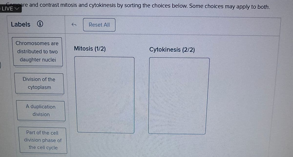 Compare and contrast mitosis and cytokinesis by sorting the choices below. Some choices may apply to both.
LIVE
Labels
Chromosomes are
distributed to two
daughter nuclei
Division of the
cytoplasm
A duplication
division
Part of the cell
division phase of
the cell cycle
Reset All
Mitosis (1/2)
Cytokinesis (2/2)