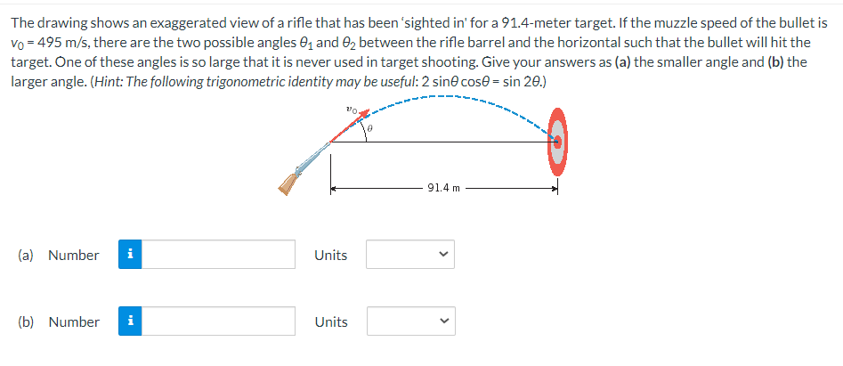 The drawing shows an exaggerated view of a rifle that has been 'sighted in' for a 91.4-meter target. If the muzzle speed of the bullet is
Vo = 495 m/s, there are the two possible angles 0₁ and 02 between the rifle barrel and the horizontal such that the bullet will hit the
target. One of these angles is so large that it is never used in target shooting. Give your answers as (a) the smaller angle and (b) the
larger angle. (Hint: The following trigonometric identity may be useful: 2 sine cose = sin 20.)
(a) Number i
(b) Number i
Units
Units
91.4 m