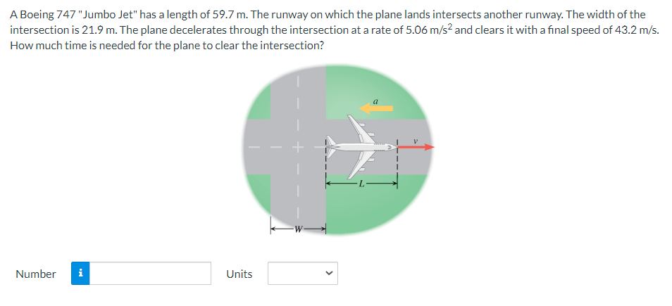 A Boeing 747 "Jumbo Jet" has a length of 59.7 m. The runway on which the plane lands intersects another runway. The width of the
intersection is 21.9 m. The plane decelerates through the intersection at a rate of 5.06 m/s² and clears it with a final speed of 43.2 m/s.
How much time is needed for the plane to clear the intersection?
Number i
Units