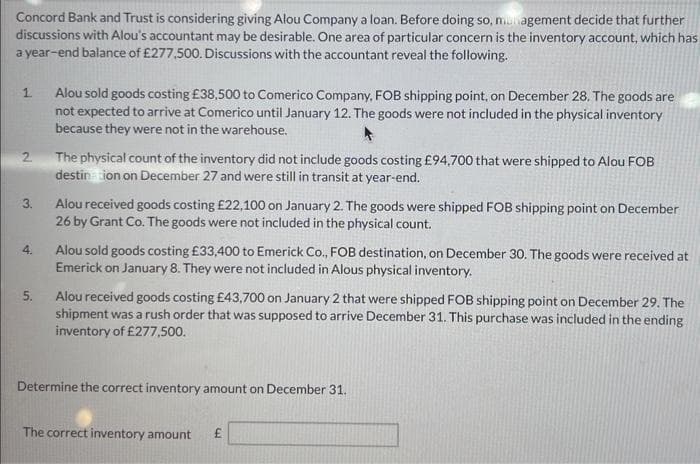 Concord Bank and Trust is considering giving Alou Company a loan. Before doing so, management decide that further
discussions with Alou's accountant may be desirable. One area of particular concern is the inventory account, which has
a year-end balance of £277,500. Discussions with the accountant reveal the following.
1
2
3.
4.
5.
Alou sold goods costing £38,500 to Comerico Company, FOB shipping point, on December 28. The goods are
not expected to arrive at Comerico until January 12. The goods were not included in the physical inventory
because they were not in the warehouse.
The physical count of the inventory did not include goods costing £94,700 that were shipped to Alou FOB
destination on December 27 and were still in transit at year-end.
Alou received goods costing £22,100 on January 2. The goods were shipped FOB shipping point on December
26 by Grant Co. The goods were not included in the physical count.
Alou sold goods costing £33,400 to Emerick Co., FOB destination, on December 30. The goods were received at
Emerick on January 8. They were not included in Alous physical inventory.
Alou received goods costing £43,700 on January 2 that were shipped FOB shipping point on December 29. The
shipment was a rush order that was supposed to arrive December 31. This purchase was included in the ending
inventory of £277,500.
Determine the correct inventory amount on December 31.
The correct inventory amount £