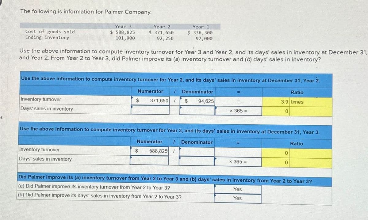 The following is information for Palmer Company.
Cost of goods sold
Ending inventory
Year 3
$ 588,825
101,900
Year 2
$ 371,650
92,250
Year 1
$ 336,300
97,000
Use the above information to compute inventory turnover for Year 3 and Year 2, and its days' sales in inventory at December 31,
and Year 2. From Year 2 to Year 3, did Palmer improve its (a) inventory turnover and (b) days' sales in inventory?
Use the above information to compute inventory turnover for Year 2, and its days' sales in inventory at December 31, Year 2.
Inventory turnover
Days' sales in inventory
Numerator
Denominator
=
$
371,650 /
$
94,625
=
× 365 =
Ratio
3.9 times
0
Use the above information to compute inventory turnover for Year 3, and its days' sales in inventory at December 31, Year 3.
Inventory turnover
Days' sales in inventory
Numerator
1 Denominator
$
588,825 /
=
× 365 =
Ratio
0
0
Did Palmer improve its (a) inventory turnover from Year 2 to Year 3 and (b) days' sales in inventory from Year 2 to Year 3?
(a) Did Palmer improve its inventory turnover from Year 2 to Year 3?
(b) Did Palmer improve its days' sales in inventory from Year 2 to Year 3?
Yes
Yes