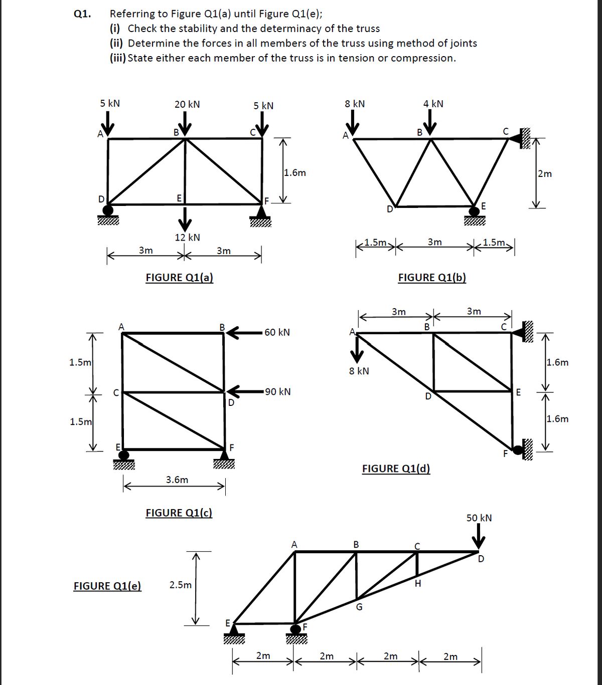 Q1.
1.5m
1.5m
Referring to Figure Q1(a) until Figure Q1(e);
(i) Check the stability and the determinacy of the truss
(ii) Determine the forces in all members of the truss using method of joints
(iii) State either each member of the truss is in tension or compression.
5 KN
D
к
E
3m
FIGURE Q1(e)
20 kN
E
12 kN
FIGURE Q1(a)
3.6m
FIGURE Q1(c)
2.5m
3m
D
5 KN
E
1.6m
60 kN
90 kN
2m
8 kN
2m
1.5m
8 kN
3m
A
B
A
G
4 kN
FIGURE Q1(b)
2m
FIGURE Q1(d)
3m
H
2m
E
3m
1.5m
50 kN
D
E
2m
1.6m
1.6m