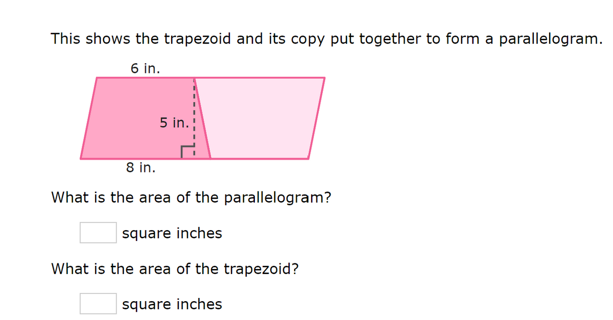 This shows the trapezoid and its copy put together to form a parallelogram.
6 in.
5 in.
8 in.
What is the area of the parallelogram?
square inches
What is the area of the trapezoid?
square inches